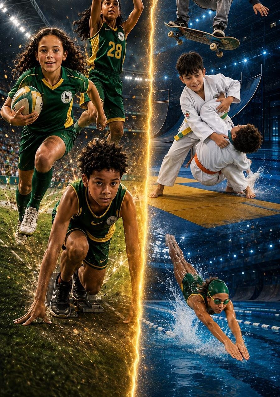 Ensaio esportivo infantil com atletas de várias modalidades